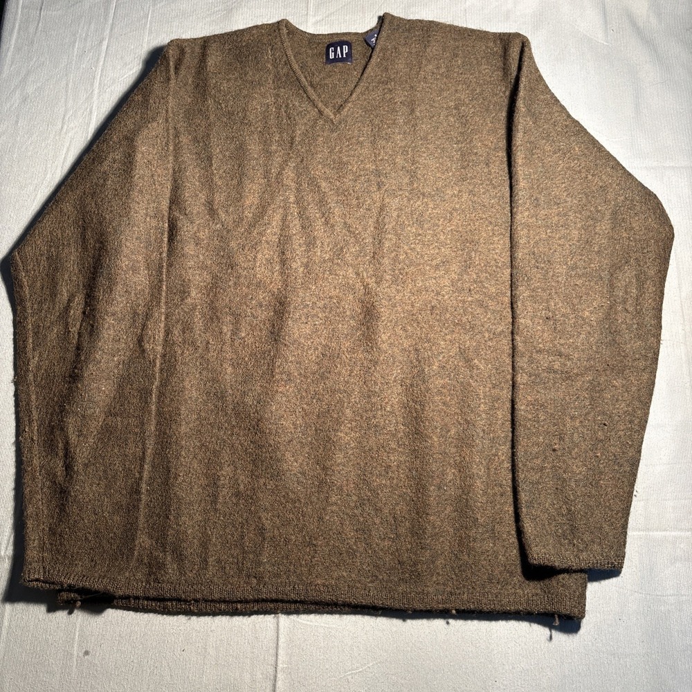 Gap Mens V-Neck Sweater Brown 100% Wool Long Sleeve Knit Pullover Size Small